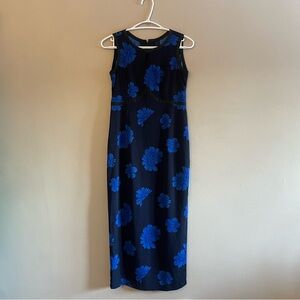 Vintage 90s Navy Sleeveless Midi/Maxi Dress w Blue Daisy Print - Size 4 EUC